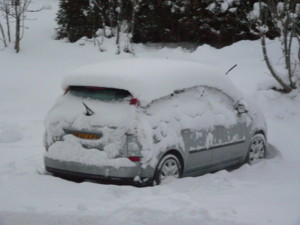 Our car in the hotel car park after overnight snowfall